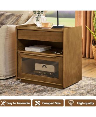 Nightstand with Charging Station and Outlet Hole, Mid Century Modern Bedside Table with Open Shelf, End Table for Living Room