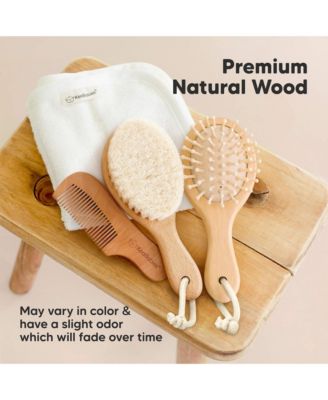 Baby Hair Brush and Comb Set Petite, Oval Wooden Baby Brush Set for Newborns, Infant, Toddler Grooming Kit