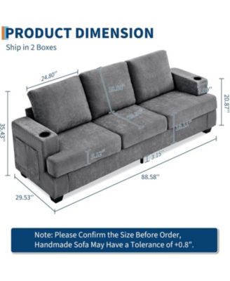 89" 3-Seater Sofa, Chenille Couch with Deep Seat, Cup Holders and Storage Pockets