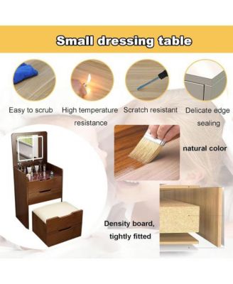 Space Saving Small Vanity Table with Basic Standard Mirror  and Cushioned Stool Makeup