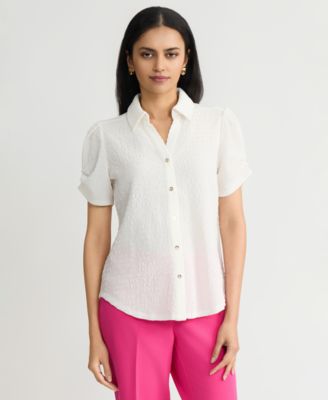Women's Textured Collared Button-Front Blouse, Regular & Petite