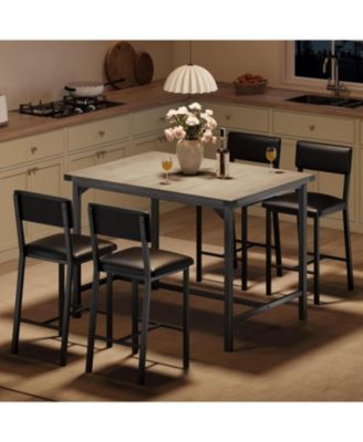 Dining Table Set for 4 W/Footrest and Backrest, Counter Height Table with 4 Upholstered Bar Stools, Kitchen Table Set with Corner Protector