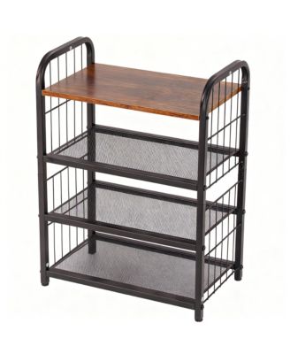Shoe Rack 5-Tier Metal Mesh Shelves Wooden Heavy-Duty Storage