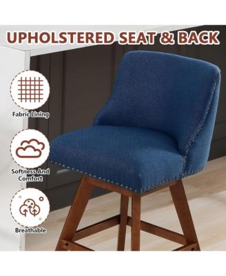 Swivel Bar Stools Set of 2, Modern Upholstered Counter Height Chairs with Wooden Legs and Nailhead Trim for Kitchen Island