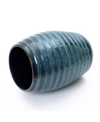 17.7" Tall Ceramic Planter Pot for Indoor Outdoor Plants with Ribbed Texture, Large Garden Plant Pots with Drainage Hole, Blue