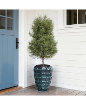 14" Tall Ceramic Planter Pot for Indoor Outdoor Plants with Geometric Texture, Large Garden Plant Pots with Drainage Hole, Blue