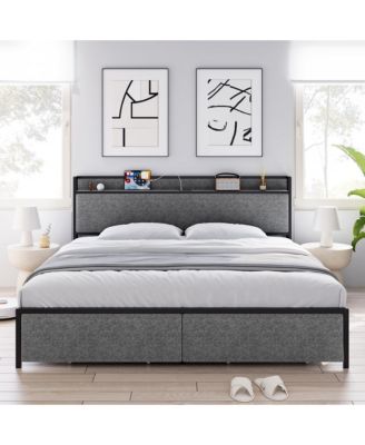 King Bed Frame with Storage Drawers & Charging Station, Upholstered Headboard, Noiseless, Sturdy, Easy Assembly