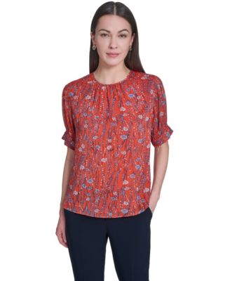 Women's Floral Crew Neck Puff-Sleeve Top