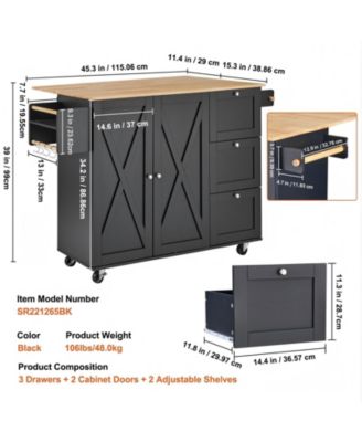 56 in Rolling Kitchen Island Cart and Storage Cabinet, Drop Leaf