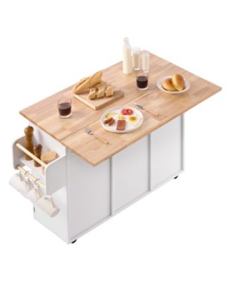 52 in Rolling Kitchen Island Cart with Solid Wood Top and Storage Cabinet, Drop Leaf