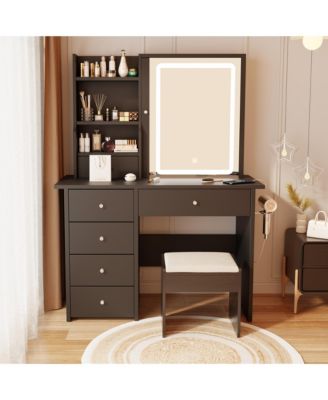 Vanity Desk with Sliding Mirror, LED Lights, Charging Station