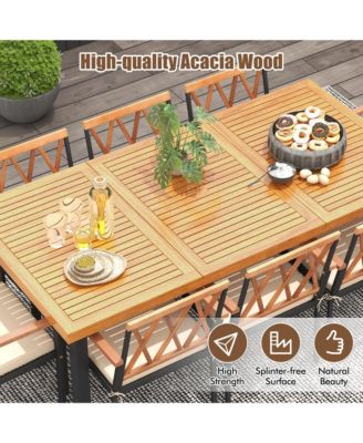 9 PCS Patio Dining Set Acacia Wood Table w/ Soft Cushions and 1.9'' Umbrella Hole