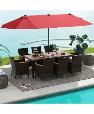 9 Piece Patio Wicker Dining Set w/ Double-Sided Patio Wine Umbrella Stackable Chairs
