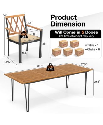 9 PCS Patio Dining Set w/ 8 Chairs Acacia Wood Table Top Umbrella Hole for Yard