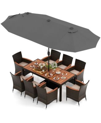 9 Piece Patio Wicker Dining Set w/ Double-Sided Patio Grey Umbrella Stackable Chairs