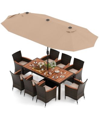 9 Piece Patio Wicker Dining Set w/ Double-Sided Patio Coffee Umbrella Stackable Chairs