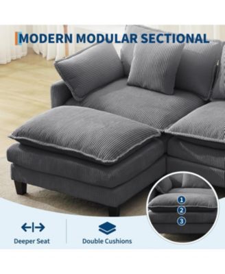112" Modular Sectional Sofa, L/U-Shaped Corduroy Cloud Couch with Ottoman and Pillows, Deep Seat