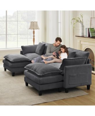 112" Modular Sectional Sofa, U-Shaped Corduroy Cloud Couch with Ottoman and Pillows, Deep Seat