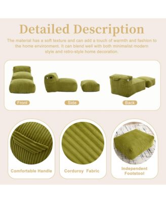 Corduroy Bean Bag Chair with Ottoman - Big Beanbag Chair with Side Pockets and Memory Foam Filler, Floor Lounge Bed for Living Room