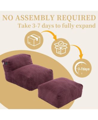Big Corduroy Bean Bag Chair with Footstool, Memory Foam Filled Floor Chair with Side Pockets for Living Room