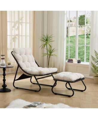 Outdoor Sling Recliner Lounge Chair with Thick Cushion & Footstool, Suitable for Living Room, Reading Room & Bedroom