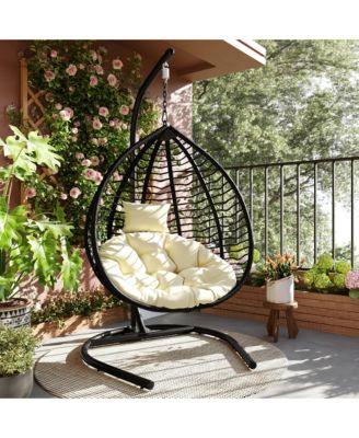 Hanging Hammock Chair, Foldable Rattan Egg Swing Chair with Iron Frame, Plush Cushion and Removable Headrest for Indoor Outdoor
