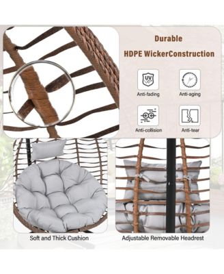 Hanging Rattan Egg Swing Chair, Foldable Hammock Chair with Iron Frame, Comfortable Cushion and Removable Headrest for Balcony