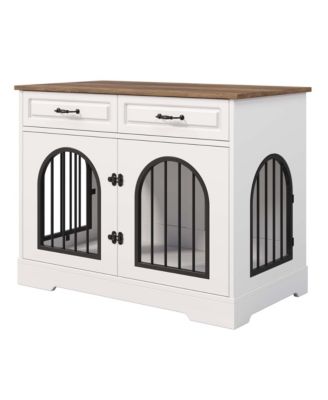 43.3" Dog Crate Furniture with Storage Drawers, Side Doors for Medium Large Dogs, End Table Kennel, WhiteandBrown
