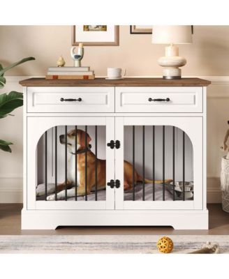 Farmhouse Dog Crate Furniture with Storage and Rotating Bowls, Metal Kennel for Large Dogs, Side Table