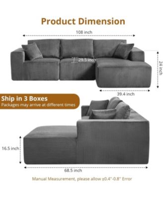 108" Cloud Sectional Sofa with Chaise, Modular Deep Seat Couch, Upholstered, No Assembly