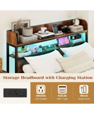 LED Bed Frame with Power Outlets and Storage Headboard