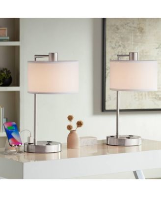 Colby Modern Desk Lamps High Set of 2 Brushed Nickel with USB and AC Power Outlet in Base Drum Shade for Bedroom Office