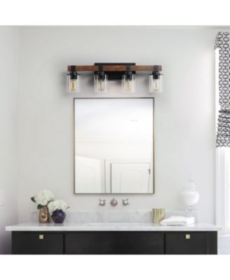 Modern Farmhouse 4-Light Vanity Light, 27" Industrial Wall Sconce with Wood Accents and Clear Glass Shades for Bathroom
