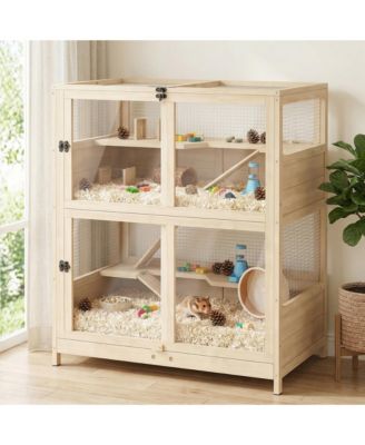 Wooden Hamster Cage, 4 Tier Small Animal Cage with Mesh Flip Roof