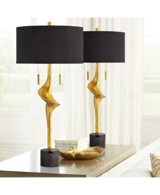 Athena 35 1/2" Tall Sculptural Large Modern End Table Lamps Set of 2 Pull Chain Gold Leaf Living Room Bedroom Shade