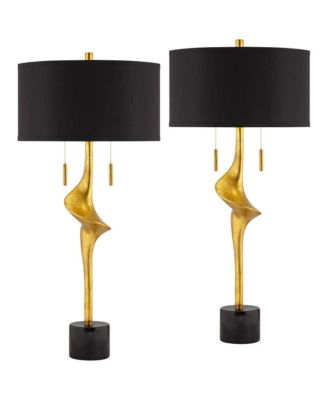 Athena 35 1/2" Tall Sculptural Large Modern End Table Lamps Set of 2 Pull Chain Gold Leaf Living Room Bedroom Shade