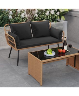 Outdoor Rattan 2-Seat Chair with Seat Back Cushions and Heavy-Duty Metal Legs