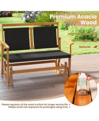 Patio Rattan Glider Bench for 2 with Acacia Wood Frame and Wicker Seat Back