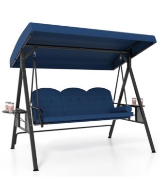 3-Seat Patio Swing Chair Porch Swing with Adjustable Canopy Thickened Cushions Pillow and Foldable Side Trays