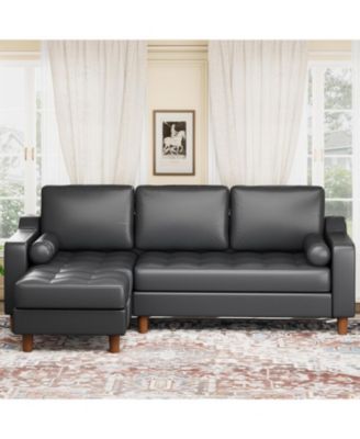 88.9" L-Shaped Leather Sofa with Chaise, Mid-Century Modern 3-Seater Couch