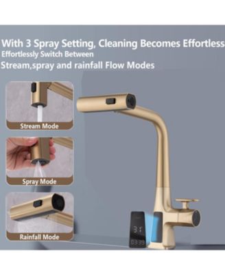 Brushed Waterfall Kitchen Faucet with Temp Display, Pull Down Sprayer, 3 Modes