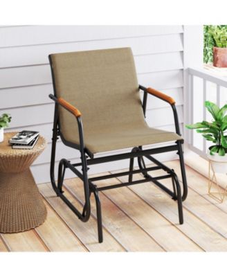 Patio Glider Chair Set of 2 with Curved Teak Armrests and Breathable Fabric Seat