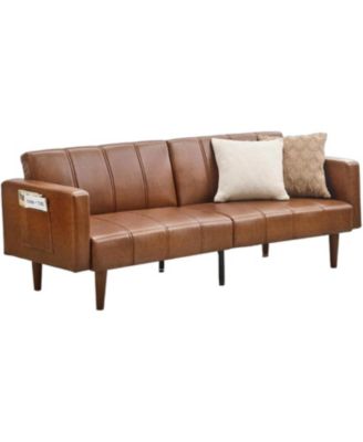 75" Faux Leather Futon Sofa Bed, Convertible Sleeper Couch with Adjustable Backrest and Side Pockets