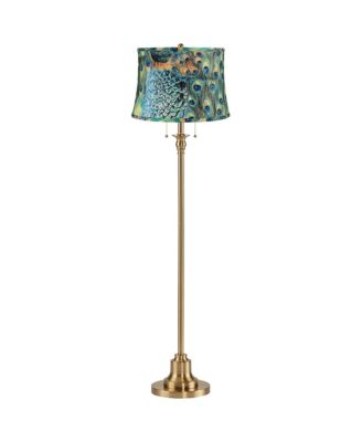 Dyna 58" High Antique Brass and Peacock Drum Shade 2-Light Floor Lamp