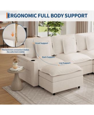 108" Modular Sectional Sofa, U-Shaped Chenille Cloud Couch with Storage Armrest and Charging