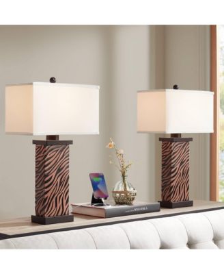 Modern Table Lamps Set of 2 with USB Charging Port 27" Tall Zebra Faux Wood Fabric Shade for Bedroom Bedside House