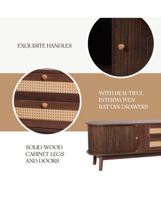 Rattan TV Stand for TVs up to 75'', Modern Farmhouse Media Console with Tambour Sliding Doors and Drawers, Media Console for Living Room