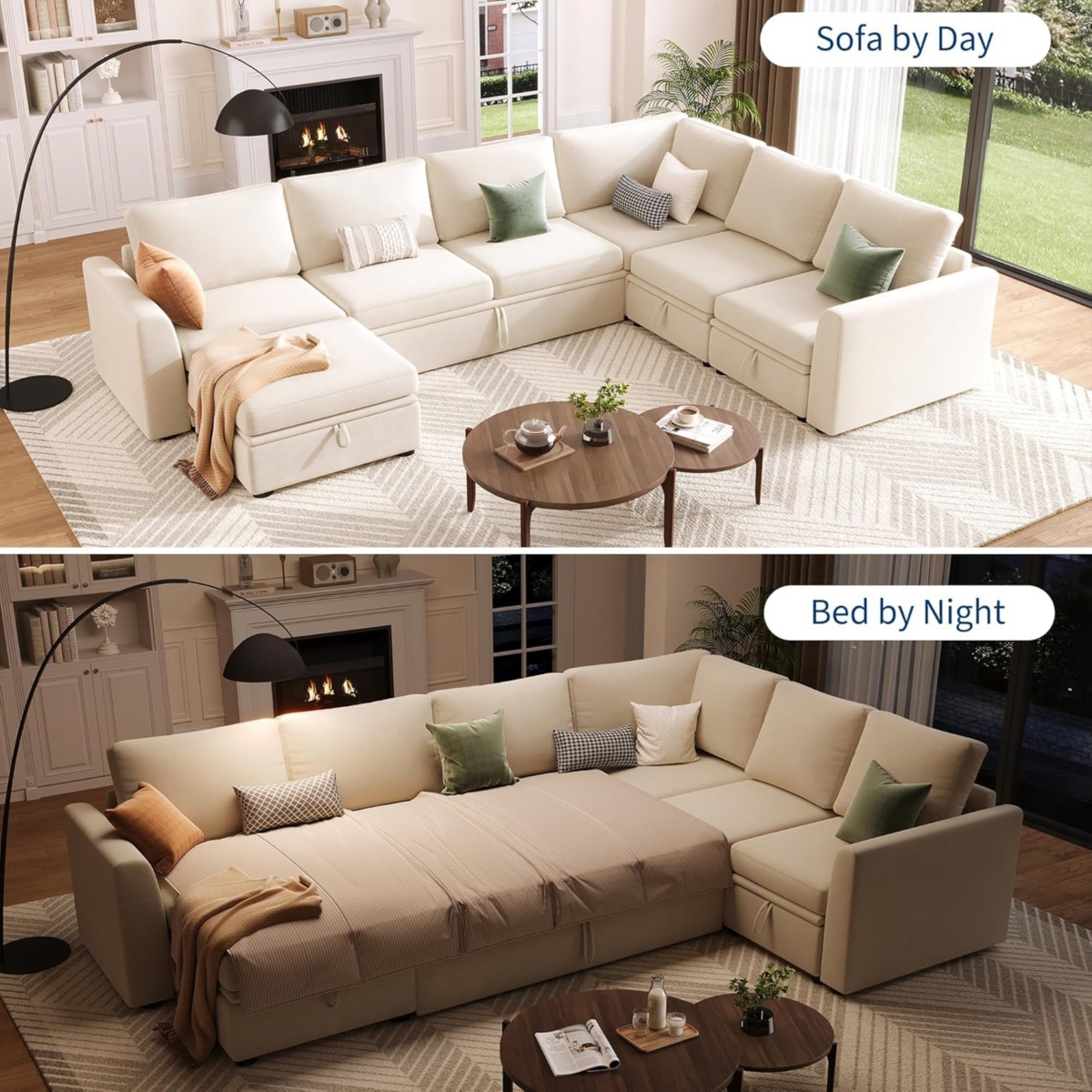 gaomon Sectional Sleeper Sofa, Corduroy Couch with Pull-Out Bed and Storage, Tool-Free Assembly