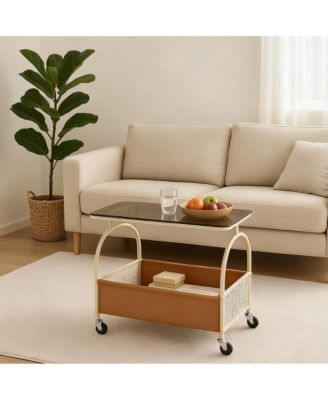 2-Tier Glass Top Rolling Side shelf with Storage Basket Mobile End Table on Wheels