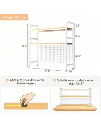 2-Tier Desktop Hutch Bookshelf Metal Grid Panel Storage Organizer